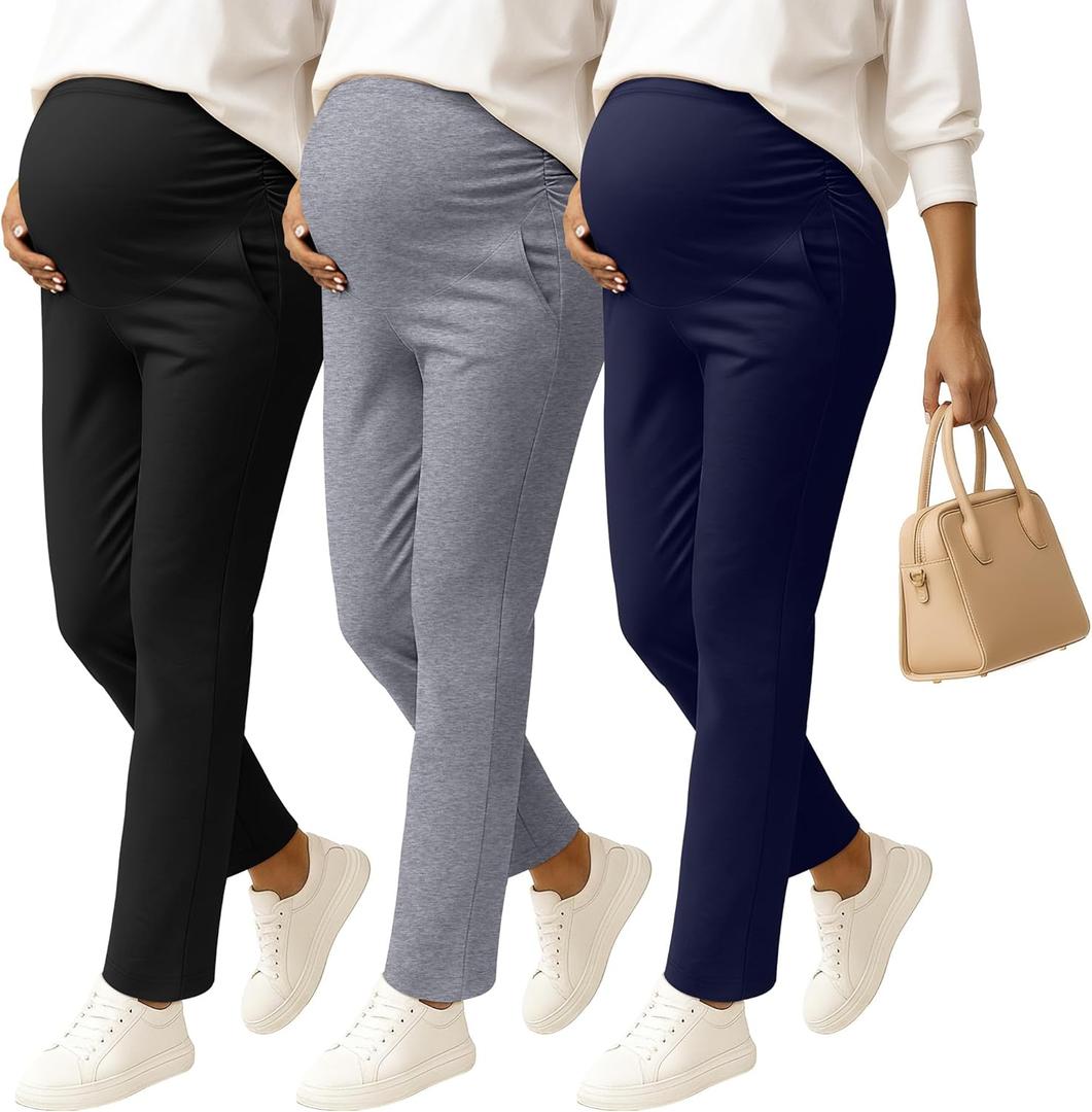 3 Pack Women's Maternity Pants Pregnancy Leggings Over The Belly Wide Waist Pant Pocket Ruched Work Casual Trouser (Navy Blue, Light Gray, Black) XXL