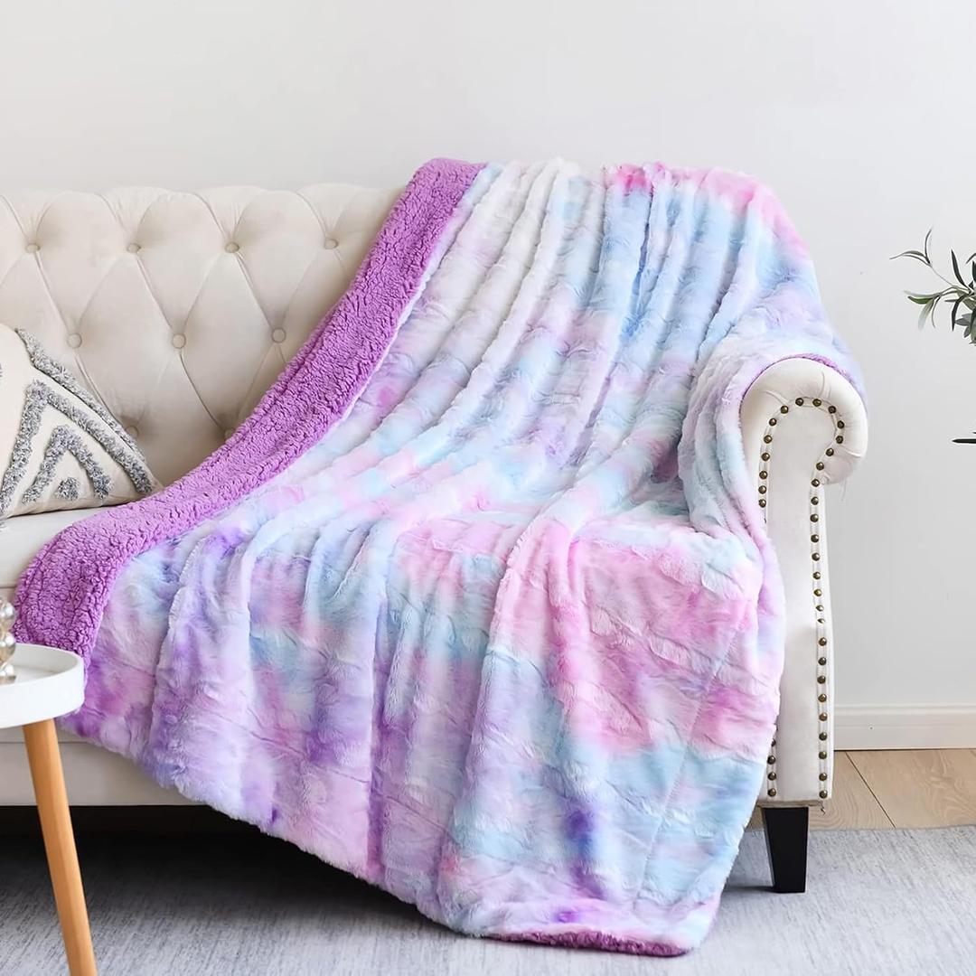 NEWCOSPLAY Super Soft Faux Fur Throw Blanket for Couch Multi Purple Sherpa Fuzzy Plush Warm Blanket for Sofa Bed (Multi Purple, Throw(40"x50"))