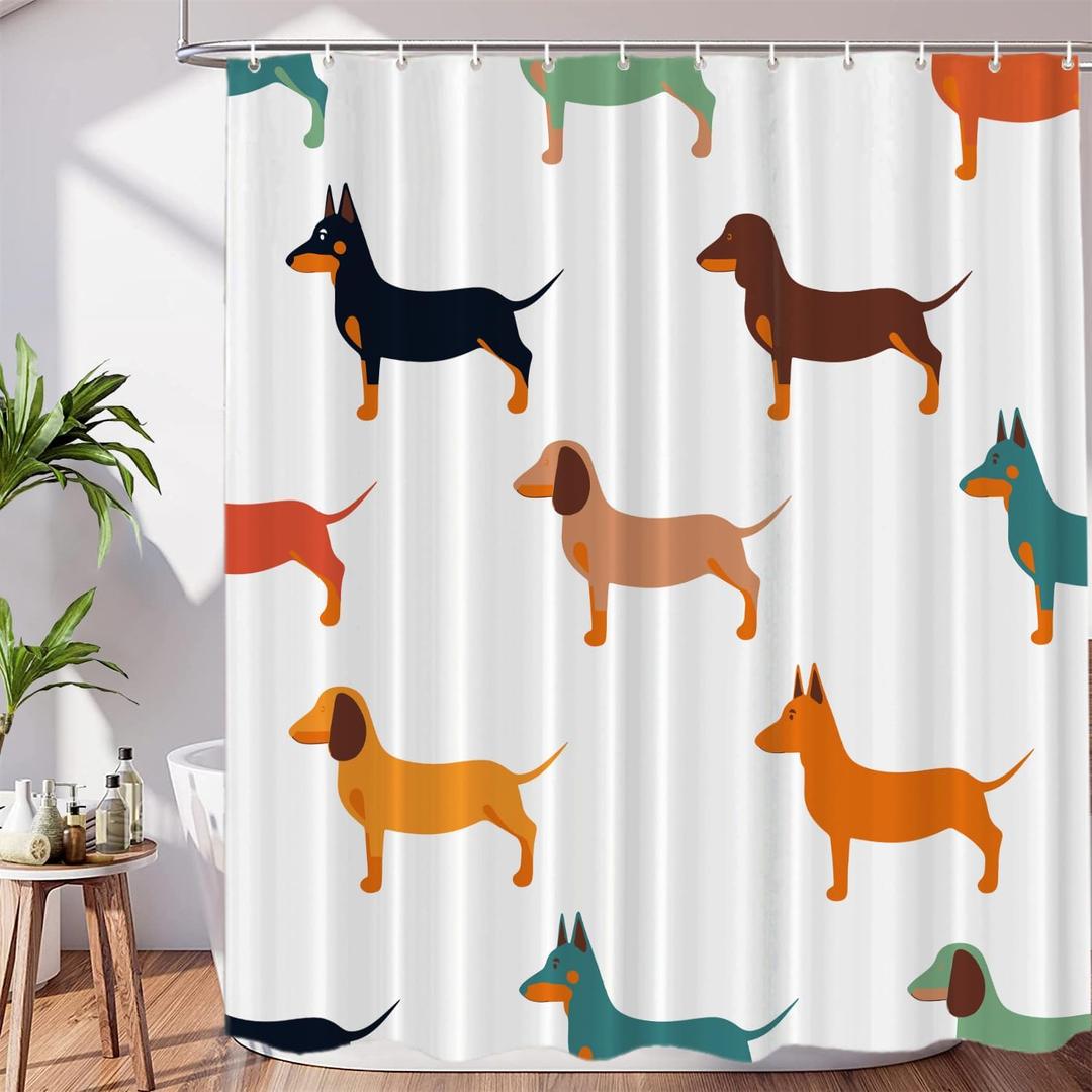 Cute Dachshund Decor Shower Curtain Set,Dog Small Puppies Textile Animal Hunter Polyester Shower Curtain for Shower Stall Bathroom Waterproof with 12 Hooks 72x72 Inch