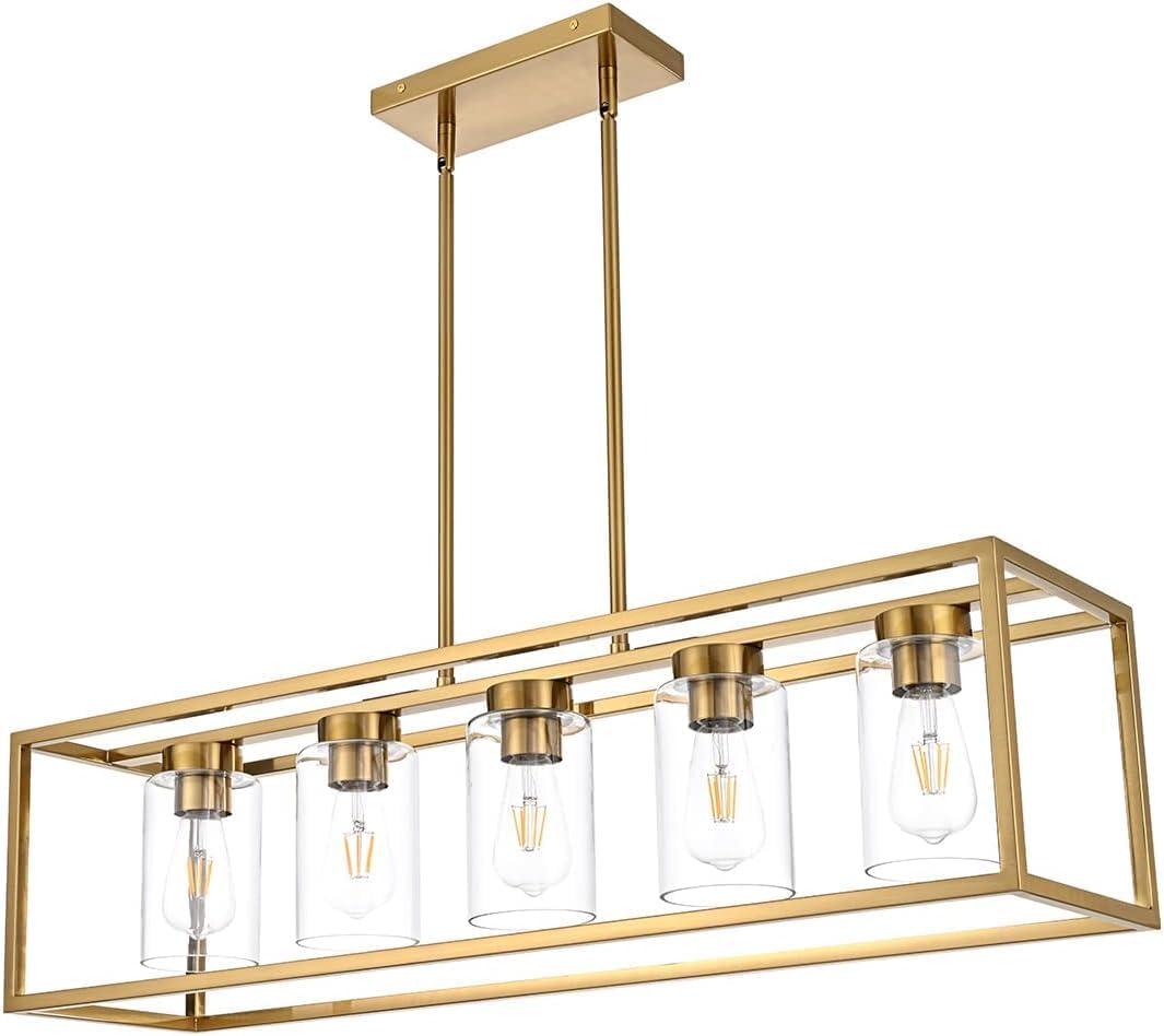Farmhouse Chandeliers for Kitchen Island, Brushed Brass 5-Light Dining Room Lighting Fixtures, Modern Rectangular Pendant Lighting Chandelier with Clear Glass Shade (Gold, 5-Lights)