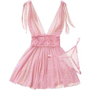 Sexy V Neck Slip Mesh Polka Dots Floral Lace Sheer Exotic Babydoll Lingerie Dress 2 Piece (Small, Pink)
