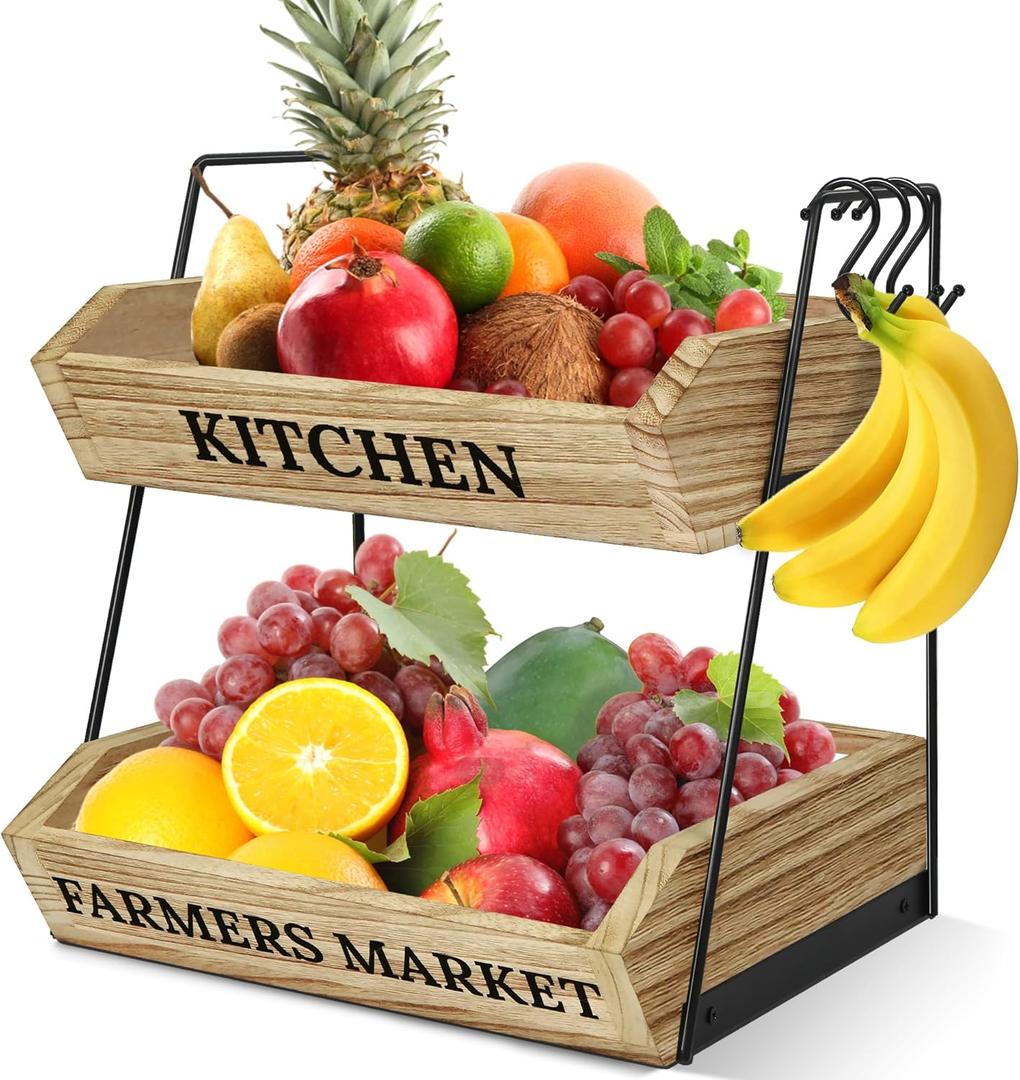 Fruit Basket for Kitchen Countertop, 2 Tier Fruit Bowl with 3 Banana Hangers, Large Capacity Fruit Stand Storage Holder, Wooden Basket for Fruit Vegetables Snack, Kitchen Organizer Decor (Natural)