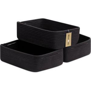 Large Shallow Organizing Baskets 15x11x5.1 Inches - Rope Woven Storage Bins for Bathroom, Shelves, Cube Closet, Black 3 Packs