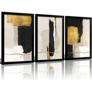 RZIGERNO 3 Pcs Black Gold Beige Abstract Wall Art, Minimalist Textured Geometric Framed Painting, Luxury Black Wood Frame Wall Decor for Living Room Bedroom, 12x16 Inches Ready to Hang