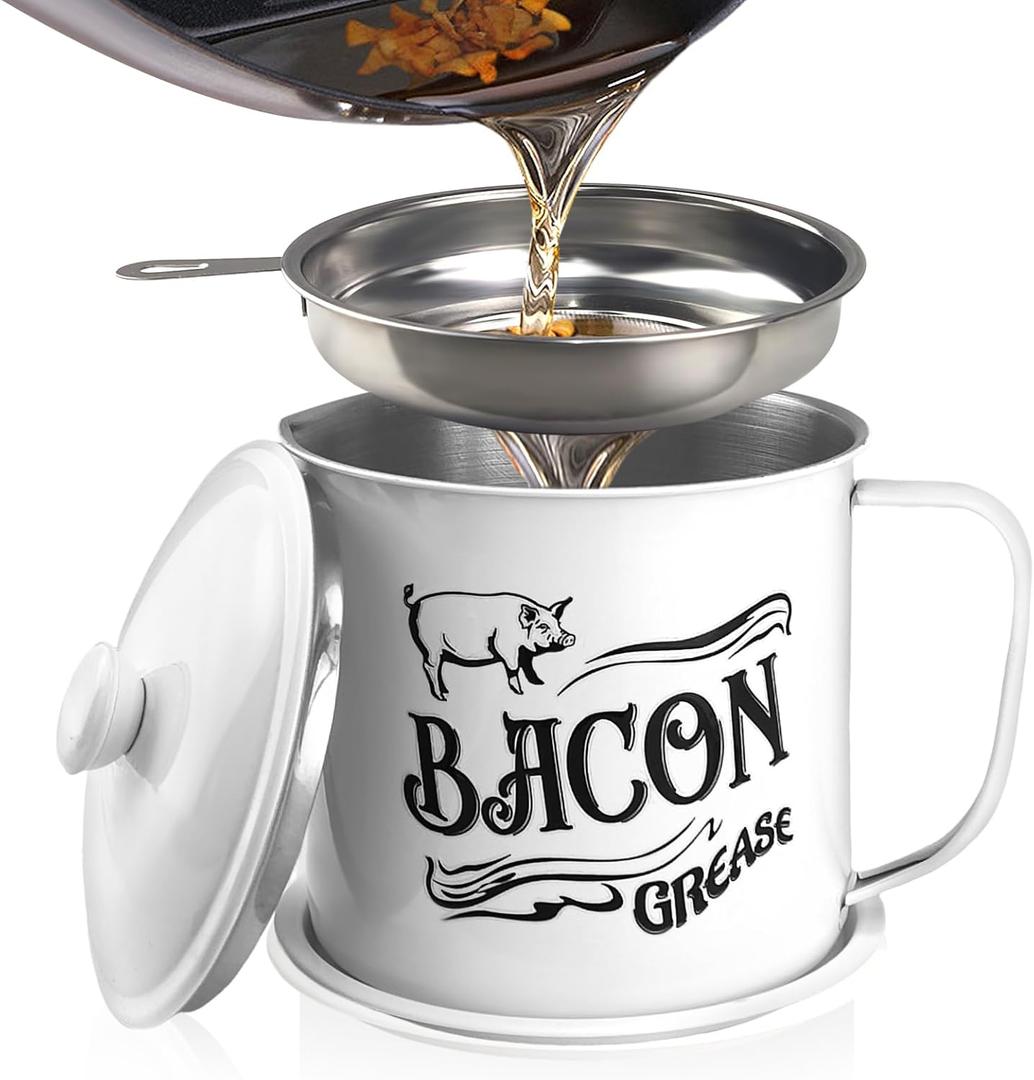 1.3L Bacon Grease Saver Container with Fine Mesh Strainer,Stainless Steel Oil Keeper Can for Bacon,46oz Large Rustic Farmhouse Fat Container, Keeper, Recipes, Dishwasher Safe (White)