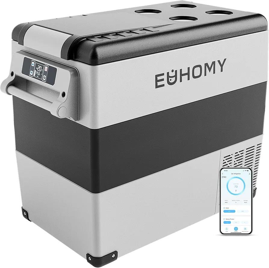EUHOMY 12 Volt Refrigerator, 59QT(55L) Electric Cooler, 12V Fridge APP Control, 12V Cooler -4℉~68℉, Portable Freezer 12/24V DC 110-240V AC for Camping, Travel, Truck, Home