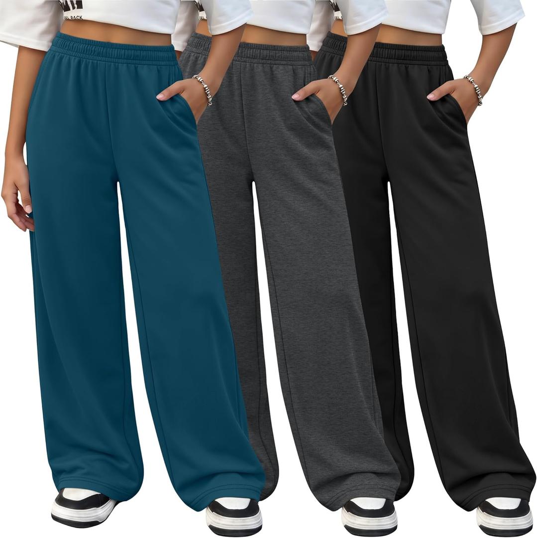 3 Pack Girls Wide Leg Sweatpants Kids Lightweight Joggers Open Bottom Baggy Pants Athletic with Pockets (11-12 Years, Black, Dark Heather Gray, Lake Blue)