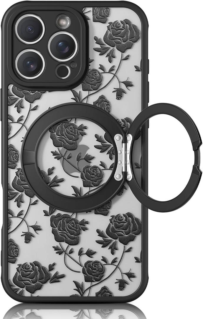 Magnetic Stand Case for iPhone 14 Pro Max [360 Rotatable Kickstand] [Compatible with MagSafe] Black Rose Design with Ring Holder Case for Women Girls, Translucent Matte Slim Phone Cover