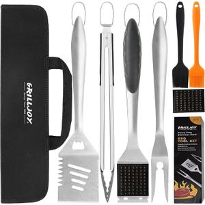 grilljoy 8PCS BBQ Grill Tools Set with Extra Thick Stainless Steel Spatula, Fork, Tongs & Cleaning Brush - Complete Barbecue Accessories Kit with Portable Bag - Perfect Grill Gifts for Father's Day