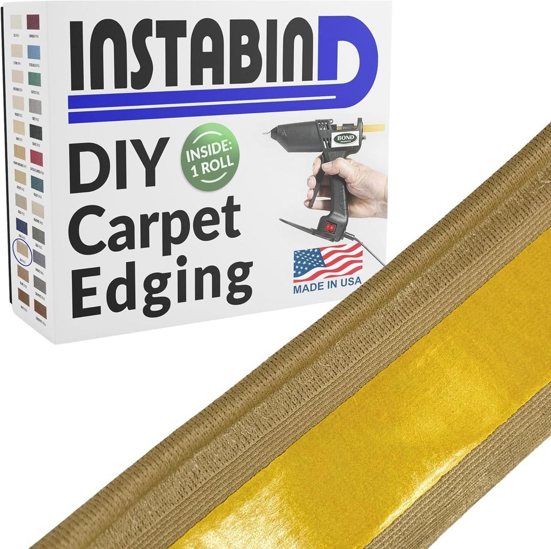 Instabind 54 ft Roll Premium Carpet Edge Binding Regular Style Carpet Edge Trim for Do-It-Yourself Rug Edging- with Durable Hold & Easy Finishing for Rug Edges - USA Made Flooring Products, Tan