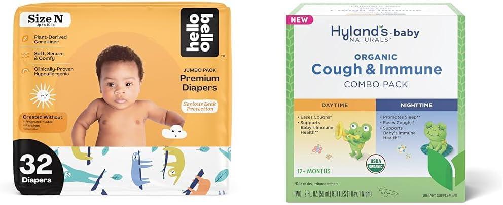 Hello Bello Premium Baby Diapers Size Newborn, 32 Count of Disposable Comfort Fit Diapers - Design: Sleepy Sloth + Hyland's Baby - Organic Cough & Immune Day & Night Combo Pack (4 fl oz)
