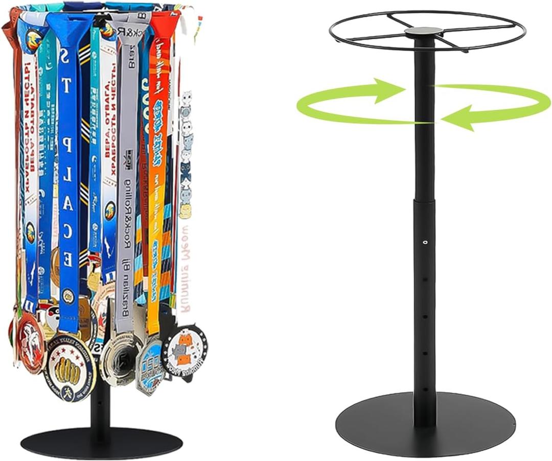 Rotatable Medal Hangers Display - Tabletop Metal Medal Holder Rack with Adjustable Height, Holds 45+ Medals, Perfect for Athletes, Runners, Gymnastics, Adults, and Fitness Enthusiasts