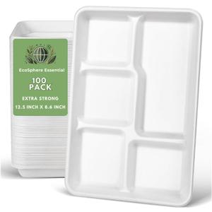 100% Compostable 5 Compartment Paper Plates, 100 Pack, 12.5 * 8.6 inch Disposable School Lunch Trays, Eco-Friendly Bagasse Plates for Buffet, and Party