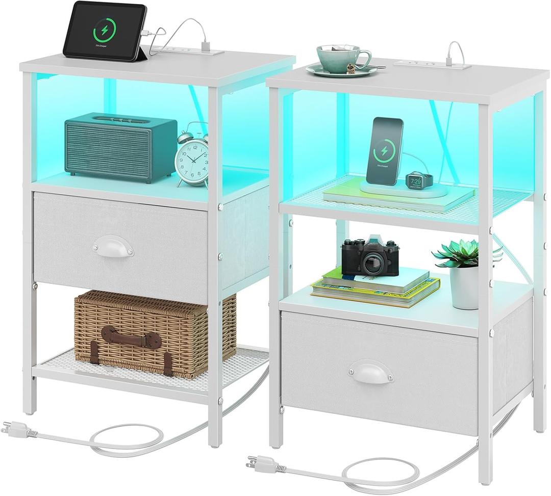 Sthmec Nightstands Set of 2, LED Bedside Tables with Charging Station and Fabric Drawer, Night Stand with Storage, 3 Tier Side Table with Open Shelf, LED Nightstand with Charging Station, White
