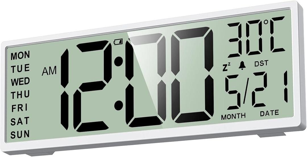 XREXS 14.5" Digital Wall Clock Battery Operated with Big Digits LCD Screen Display, Large Display Timer with Temperature Date Week Auto DST, Alarm Clock for Classroom, Livingroom, Office