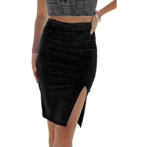 Womens Denim Pencil Skirt High Waisted Knee Length Side Split Hem Stretch Jean Skirts for Women (Small, Black)