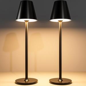 2-Pack Cordless Table Lamps - 5000mAh Rechargeable Battery Operated Desk Lamp, 3-Level Dimmable LED Night Light for Bedroom, Dining, Restaurant - Metal Design (Black 2-Pack)