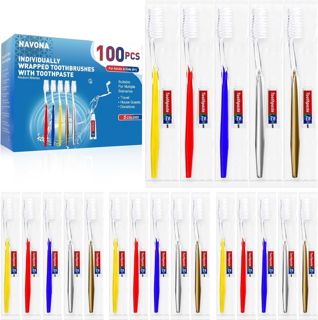 Navona 100 PCS Travel Toothbrush and Toothpaste Set, Travel Toothpaste, Bulk Toothpastes, Individually Wrapped Bulk Toothbrush, Ergonomics Handle,Medium Soft Bristle, Perfect for Hotel