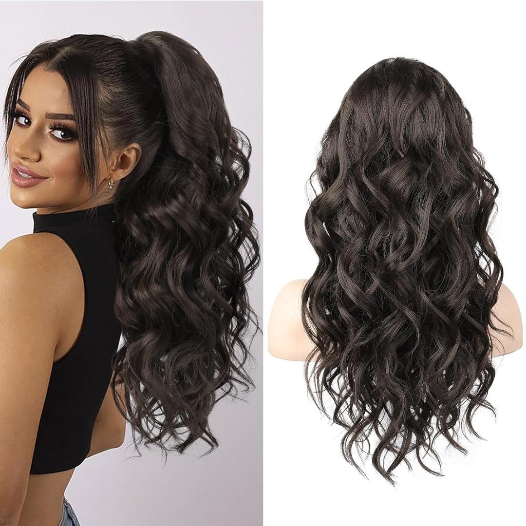 SEIKEA Ponytail Extension, 20" Lightweight Fluffy Drawstring Ponytail, Long Wavy Curly, Multi-layered Clip in Hair Extension, Natural Soft Synthetic Hairpiece, Black Brown