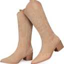SHIBEVER Suede Knee High Cowboy Boots for Women Comfortable Tall Cowgirl Boots Zipper Low Heel Fall Winter Western Booties