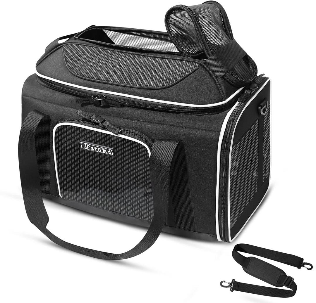 Petskd Top-Expandable Pet Carrier 18x11x11 Inches Delta American United Airline Approved, Soft-Sided Carrier for Small Cats and Dogs with Locking Safety Zippers and Anti-Scratch Mesh(Black) (18.0"L x 11.0"W x 11.0"H, Black)