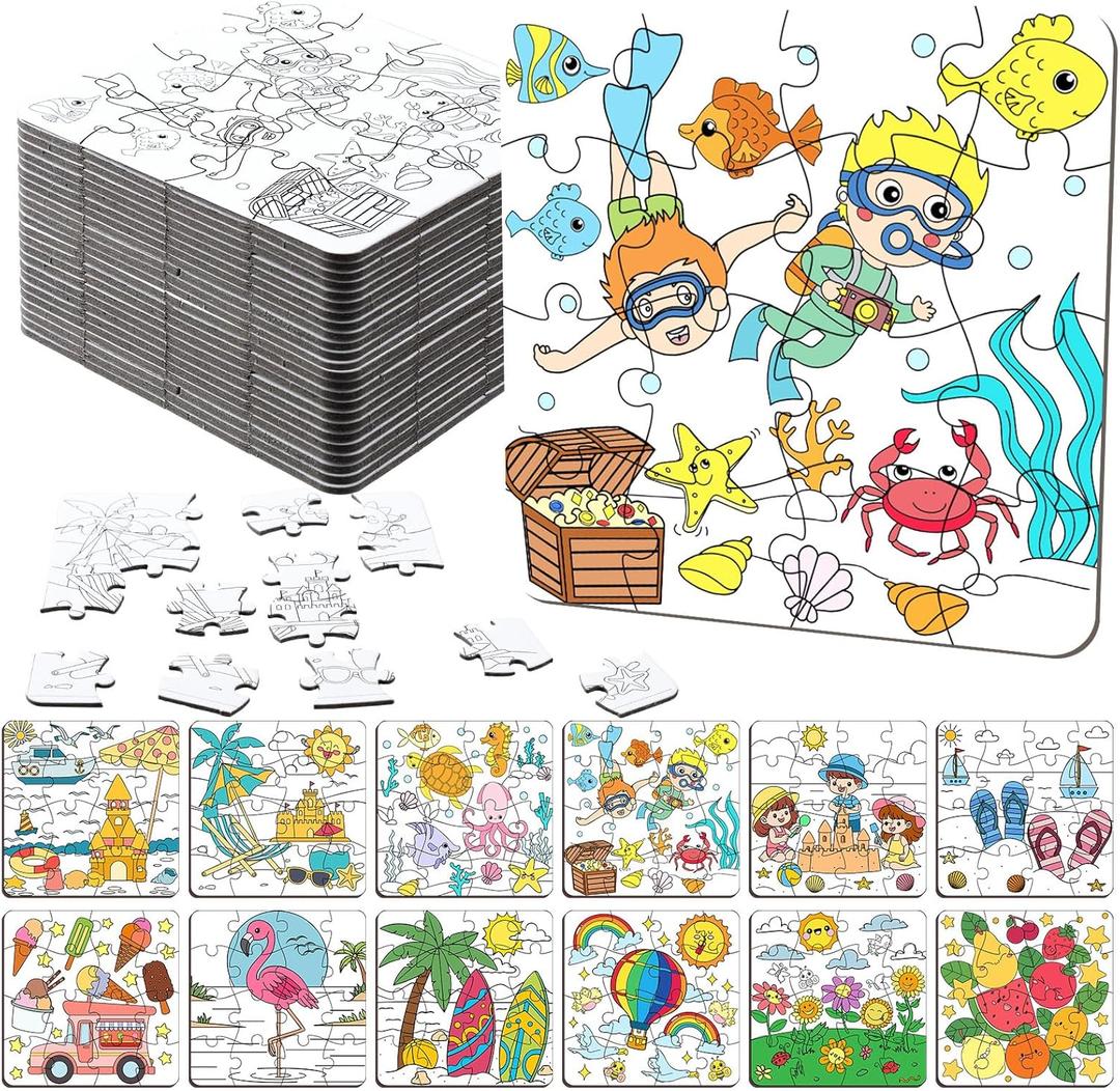 24 Pack Color Your Own Jigsaw Puzzles for Kids 3-5, 4-6, 6-8, Coloring Crafts DIY Paper Puzzles Party Favors Gifts for Toddler Children Learning Education Toys(Summer)