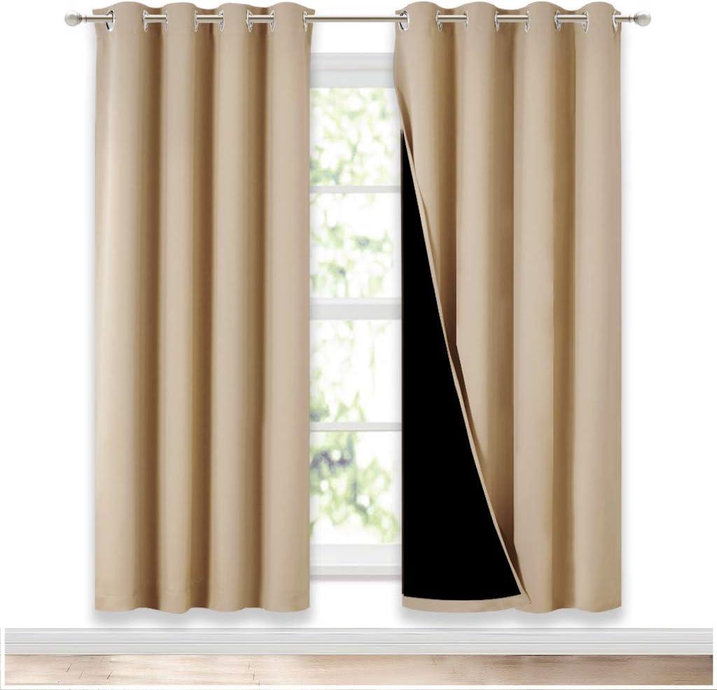 NICETOWN Living Room Completely Shaded Draperies, Privacy Protection & Noise Reducing Ring Top Drapes, Black Lined Insulated Window Treatment Curtain Panels (Biscotti Beige, 2 Pieces, W52 x L72)