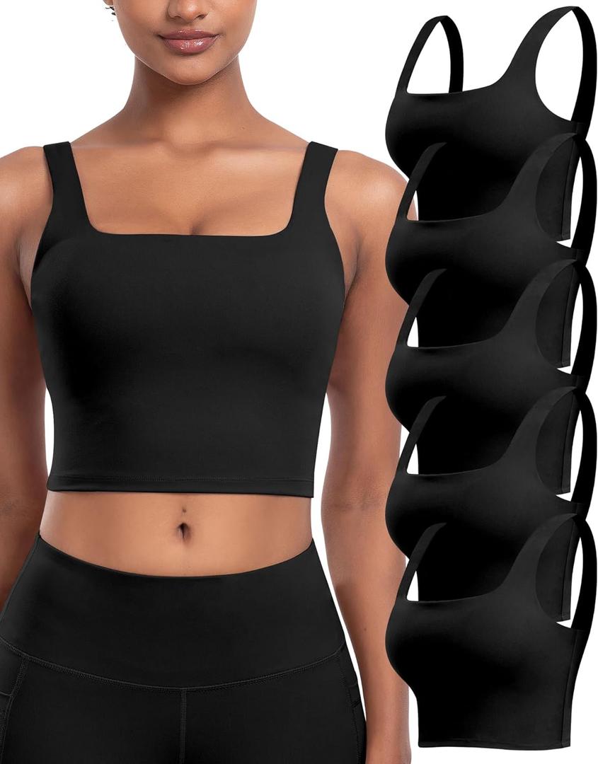 Womens Sports Bras 5 Packs - Square Neck Longline Workout Crop Tank Tops Padded Yoga Camisole with Built in Pads (Large, 5 Packs - Black)