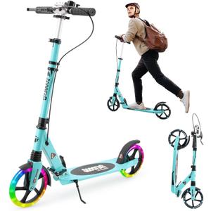 Scooter for Ages 8+ Teens and Adults Kick Scooter Foldable with Double Braking System Bells Adjustable Handlebars Kickstand Max Load 220 LBS 8" Big Wheels (blue)