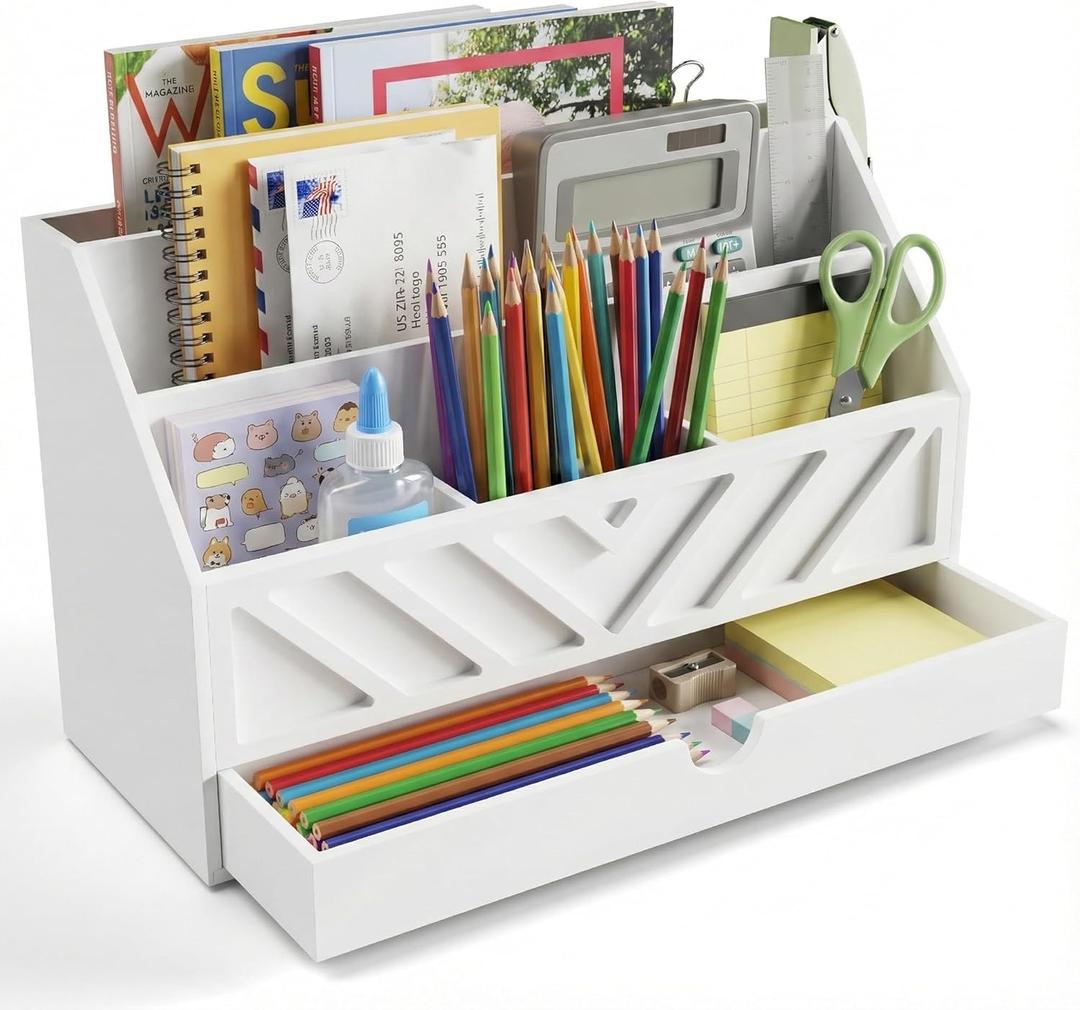 SRIWATANA White Mail Organizer Countertop, 5 Slots Mail Holder with Drawer, Office Desk Organizer, Letter Sorter File Bill Holder Paper Storage for Home Office School