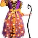 Spooktacular Creations Light Up Polka Dots Witch Tutu Costume for Girls Toddlers Starry Witch Dress with Magic Hat and Broom (S)