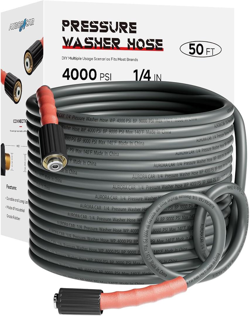 Pressure Washer Hose 50FT 1/4", Kink Resistant Power Washer Hose Compatible with M22 Fittings, Replacement For Most Brand Pressure Washers, 4000 PSI, Grey Pressure Washer Hose 50FT 1/4", Kink Resistant Power Washer Hose Compatible with M22 Fittings, Replacement For Most Brand Pressure Washers, 4000 PSI, Grey