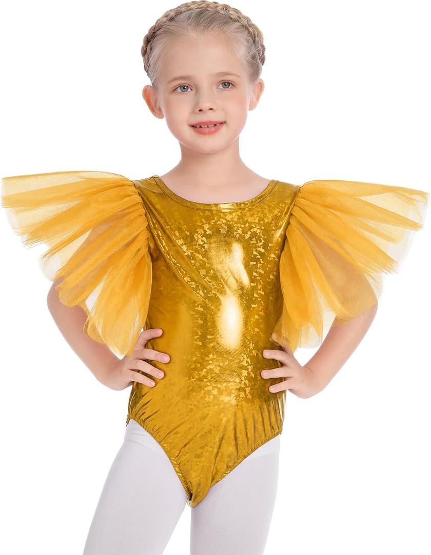 ODASDO Gymnastics Leotard for Girl Tulle Sleeve One Piece Bodysuit Glitter Shiny Metallic Ballet Dance Top Halloween Costume (Gold)