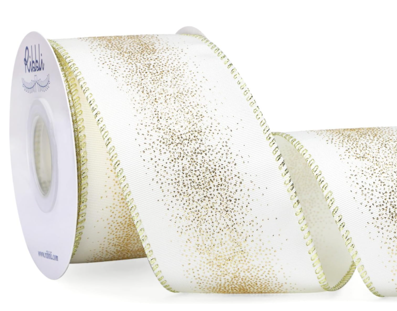 Ribbli Ivory with Champagne Gold Glitter Wired Ribbon for Christmas Tree, Gift Wrapping, Crafts & Wreath Supplies  2.5 Inch x 10 Yard