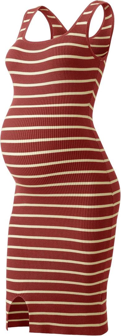 SUNNYBUY Women's Striped Maternity Dress Summer Tank Bodycon Dresses Knit Slit Pregnancy Clothes (Large, Brick Red-cream Stripe)