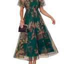 Simplee Womens Floral Maxi Dresses 2026 Summer Smocked Empire Waist Square Neck Short Sleeve Wedding Guest Party Dress, Large