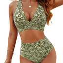 Blooming Jelly Women Embroidery Print High Waisted Bikini Sets V Neck Tummy Control Bathing Suit Two Piece Curvy Swimsuits M
