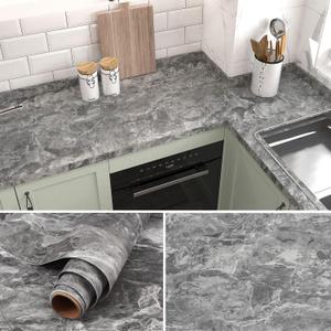burgeliy Grey Marble Vinyl Wrap Protector Auto Modification Wallpaper 15.8"x196" Classic Style, Waterproof, Heat-Resistant,3D Thickened Peel and Stick, Countertops, Cabinets, Self Adhesive Tint Film