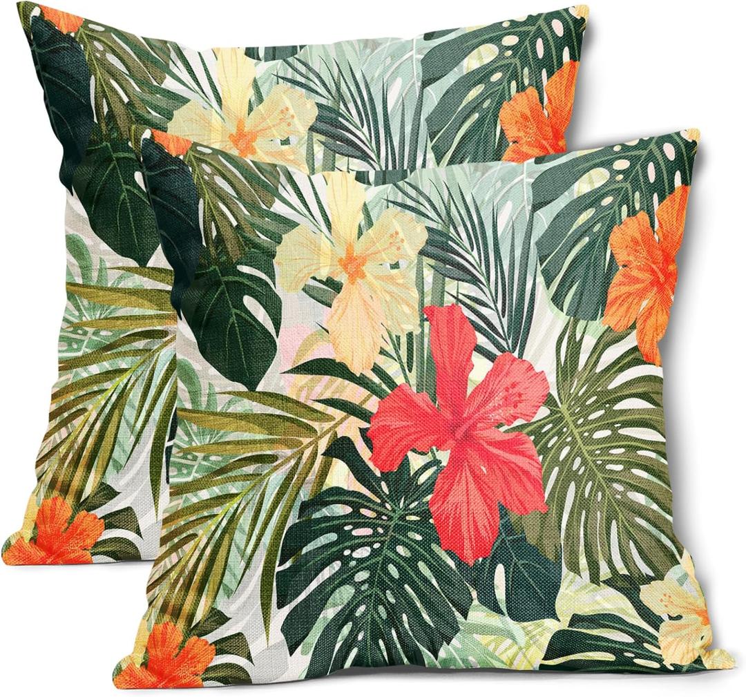 Hawaiian Pillow Covers 18x18 Inch Set of 2 Summer Tropical Palm Leaves and Floral Cotton Linen Decorative Throw Pillow Cases Monstera Flower Cushion Covers for Bedroom Living Room Sofa Chair Decor