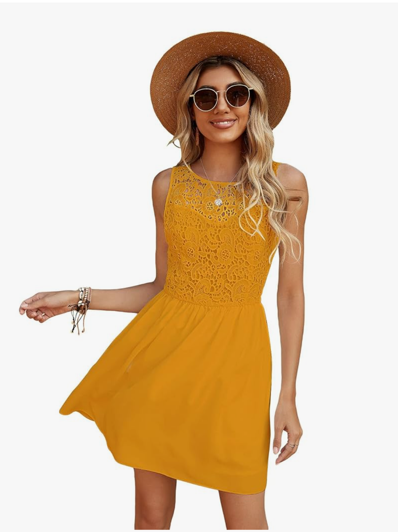 WDIRARA Women's Floral Lace Sleeveless Round Neck Ruffle Hem A Line Dress, L, Mustard Yellow