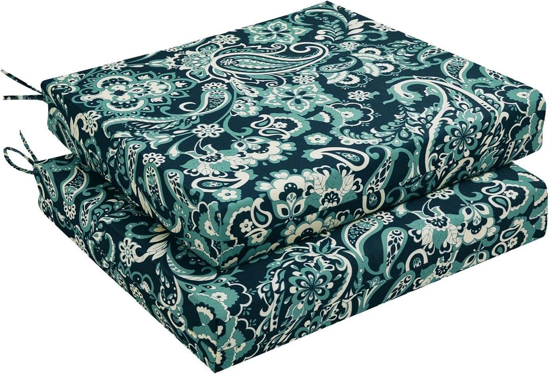 downluxe Outdoor Chair Cushions Set of 2 for Patio Furniture, Water-Resistant Square Corner Patio Chair Cushions with Ties, High Density Foam Outdoor Seat Cushion, 18.5" X 16" X 3", Green Paramecium
