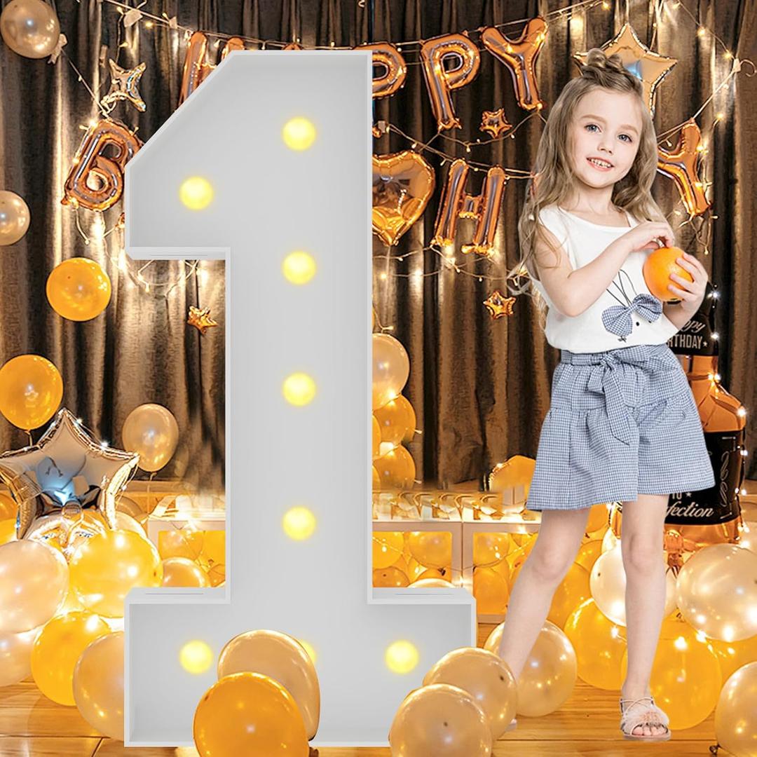 4FT White Large Light Up Marquee Numbers 1 Mosaic Numbers, Giant Marquee Light up Numbers for Party Birthday Anniversary Decor Balloons Pre-Cut Foam Board Kit