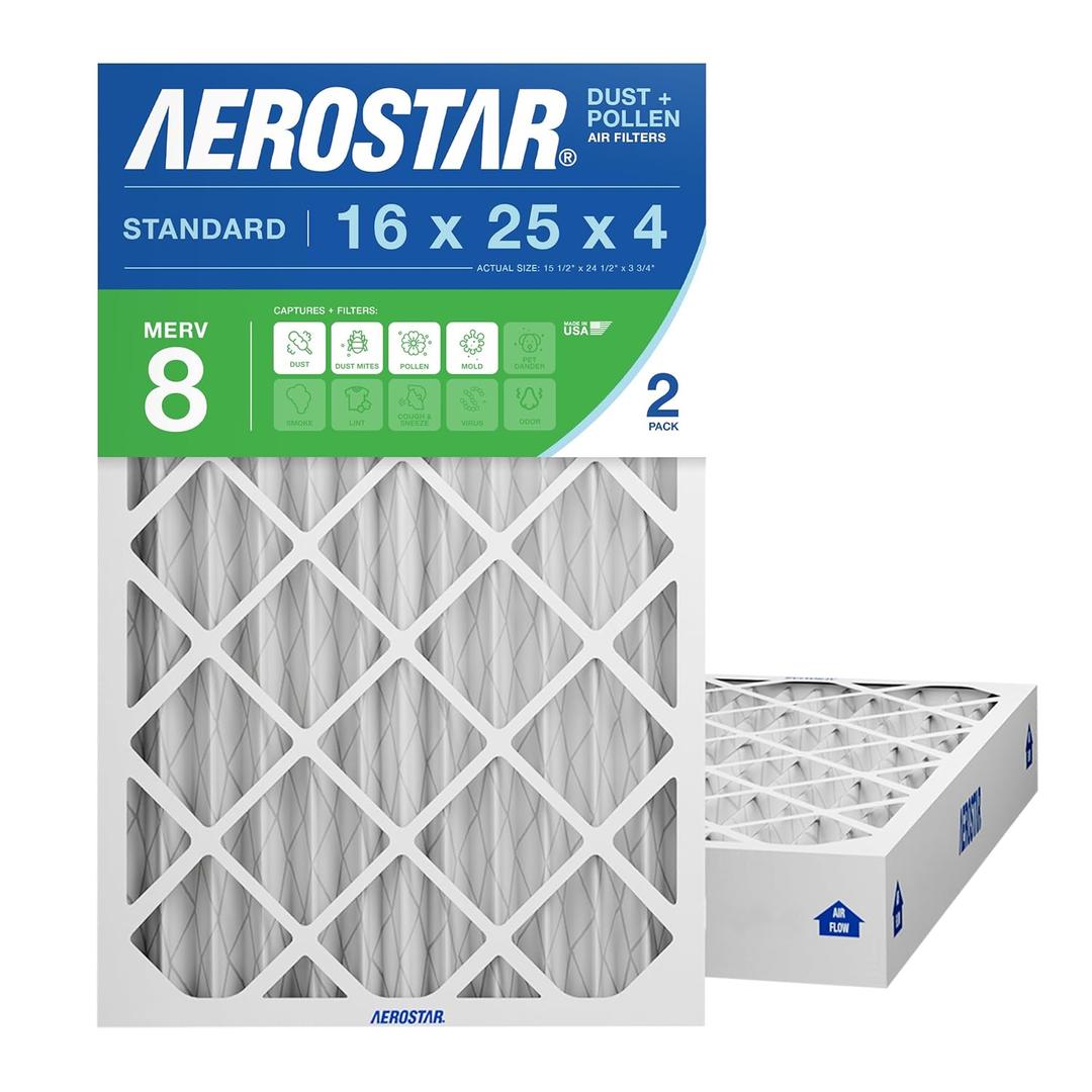 Aerostar 16x25x4 MERV 8 Air Filter, 2 Count, ACTUAL SIZE (15.50 x 24.50 x 3.75) HVAC, Furnace Filter for Allergies, Dust, Pet Dander & Smoke (MPR 1500 / FPR 10) Fits Lennox & Honeywell Devices