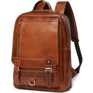 LANNSYNE Vintage Genuine Leather Backpack For Men Fits up to 15" Laptop Travel Hiking Rucksack (Brown)