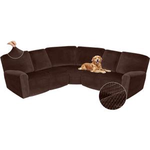 Arfntevss Sectional Recliner Couch Covers Velvet Corner Sectional Sofa Cover for Reclining Couch Stretch Soft L Shape Recliner Slipcover Thick U Shaped Washable Protector (5 Seat Cover, Dark Brown)