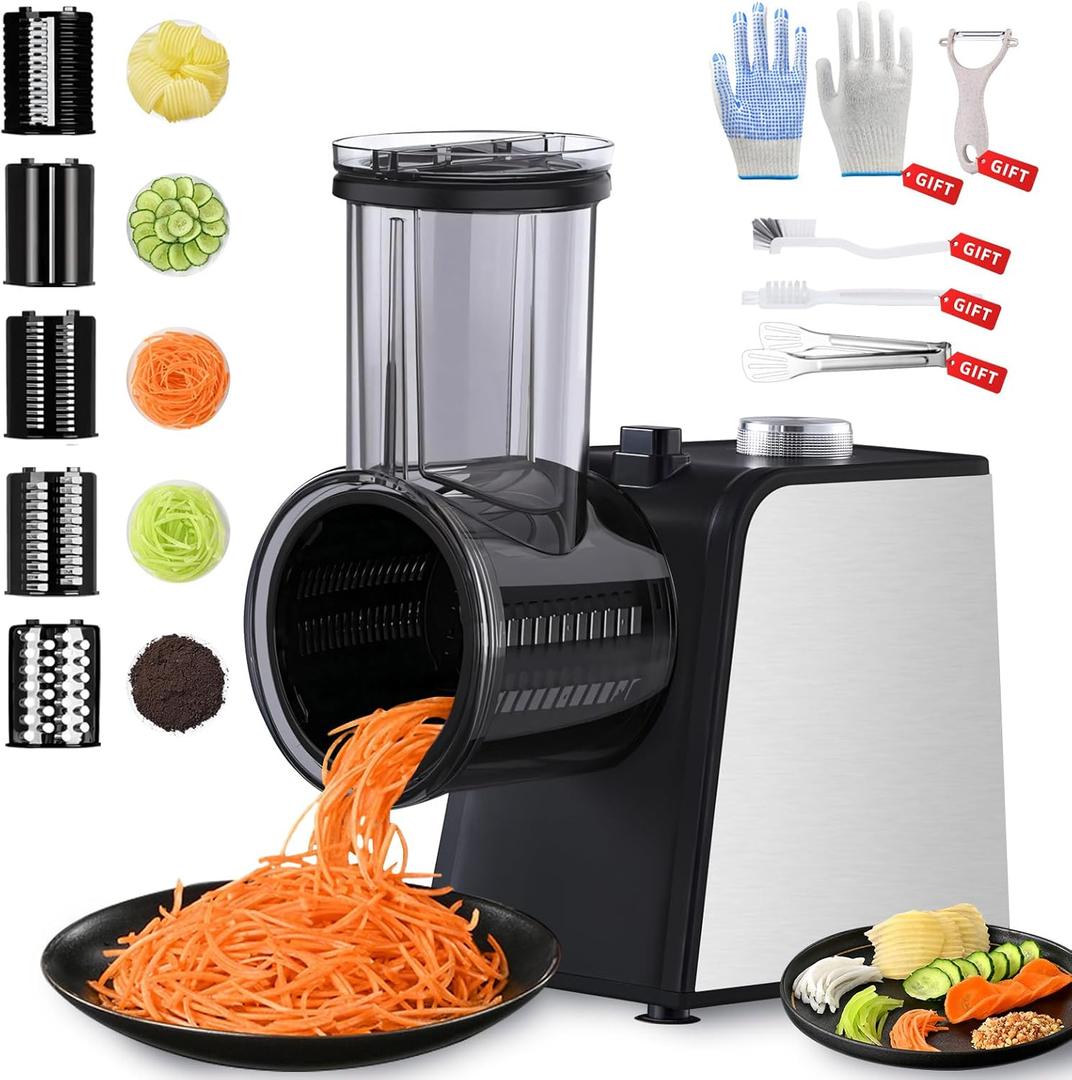 5-In-1 Electric Cheese Grater: [800W Advanced Motor] Upgraded Cheese Grater with 5-Interchangeable Blades, Peelers Cleaning Brush&Gloves as Gifts, Salad Shooter Electric for Cheese, Fruits