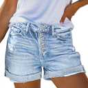 Pink Queen Women's High Waisted Denim Shorts Casual Ripped Summer Hot Short Jeans Frayed Distressed Jeans Shorts with Pockets (Large, B - Light Blue)