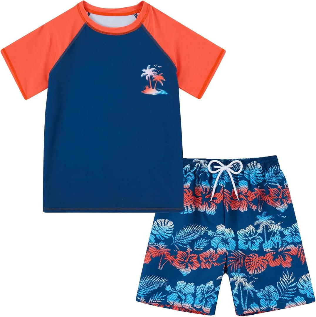 Boys Short Sleeve Rash Guard Swimsuit Set with Swim Trunks for 7-8Years