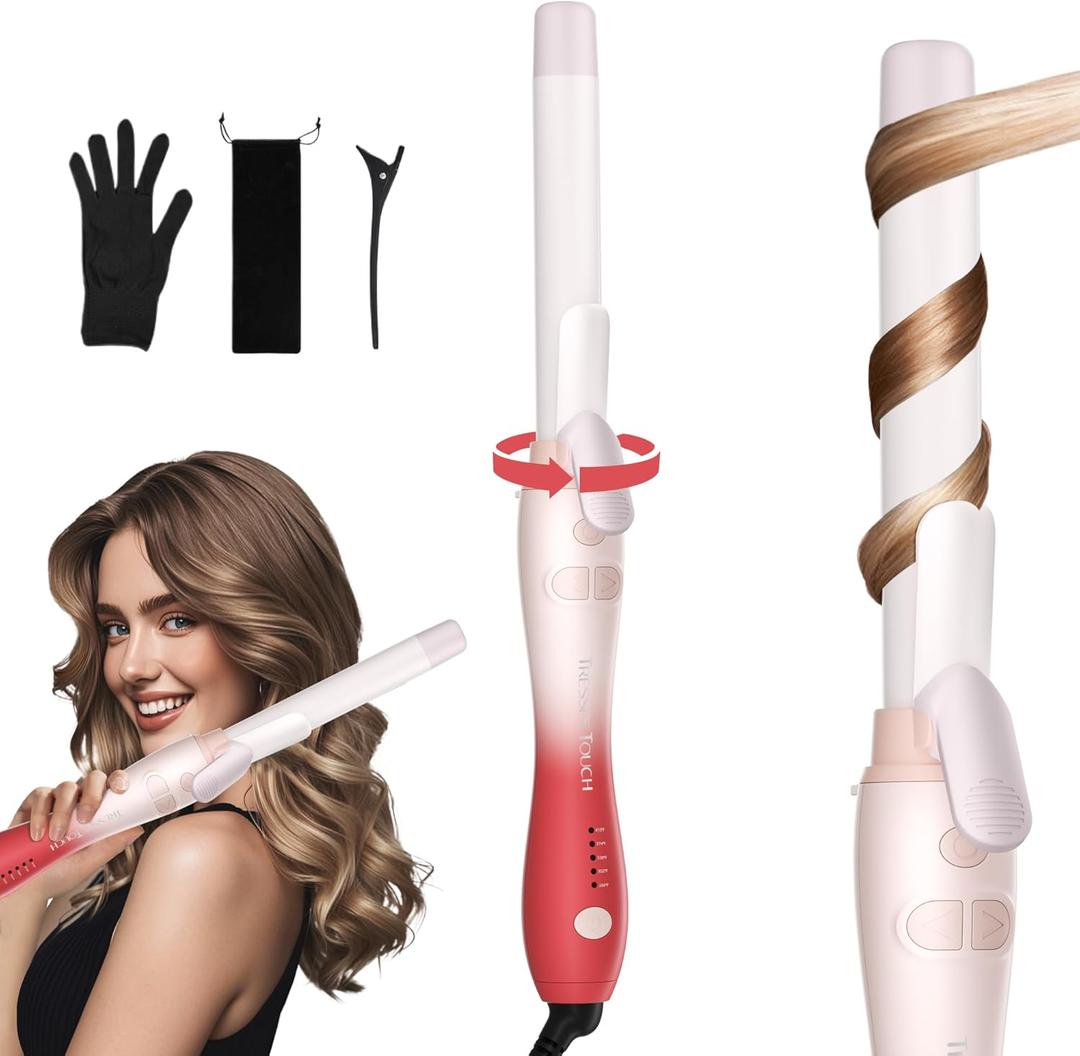 Extra-Long Barrel Rotating Curling Iron with Short Clamp, Automatic Curling Iron 1 Inch Creates Loose Curls for Medium and Long Hair, High Heat 410F, Instant Heat up, Double Ceramic, Dual Voltage