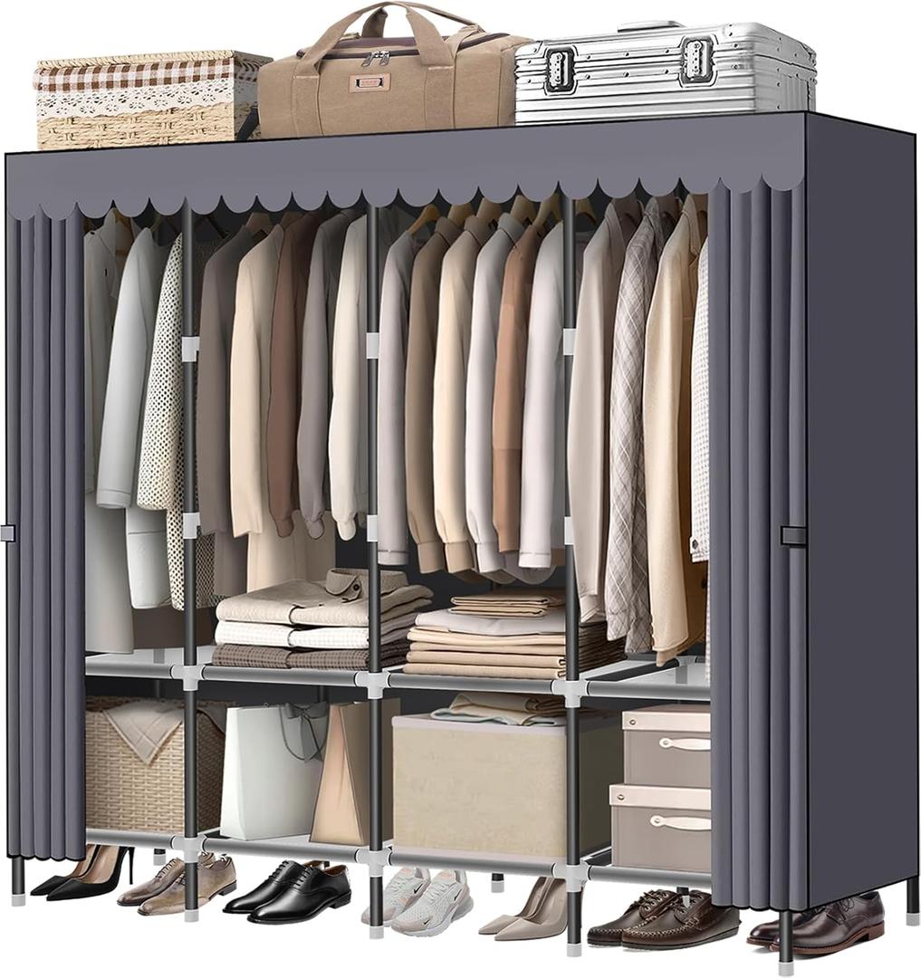 LOKEME Wardrobe ClosetGrey Portable Closet with Zippers 65.4Inches 19mm DiameterPortable Closets for Hanging Clotheswith 4 booms and Storage cabinetsSpacious Large -Capacity Storage Space